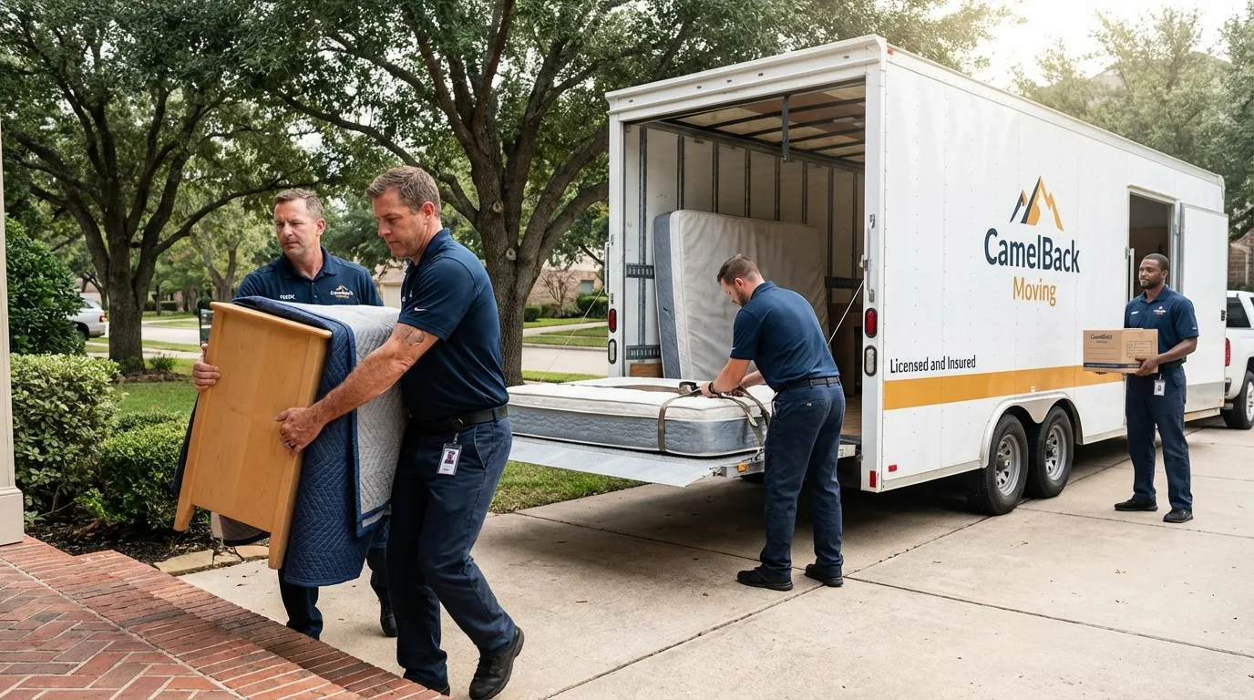 Crew loading residential truck for cross-state move from North Branch, MN