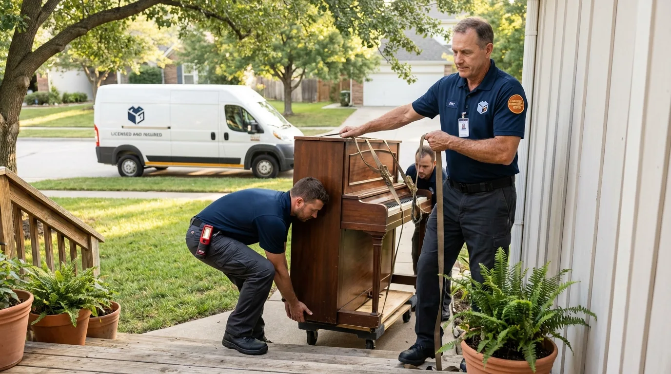 Licensed piano movers securing grand piano in North Branch, MN