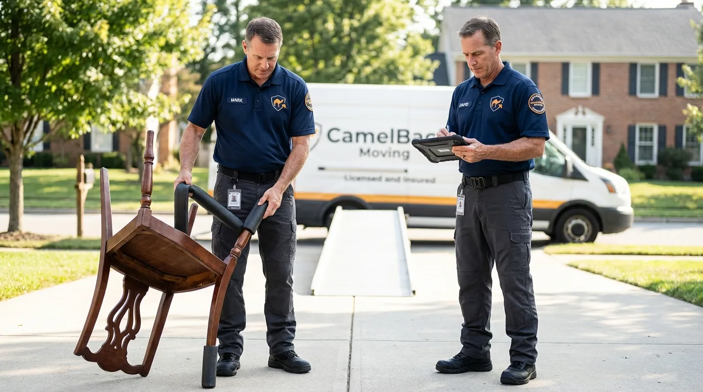 Movers inspecting furniture for damage prevention before loading in North Branch, MN